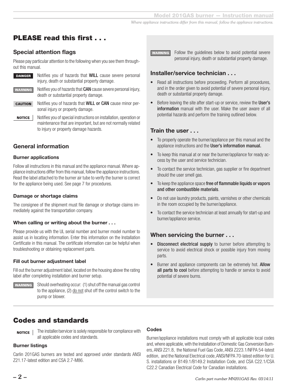 Please read this first, Codes and standards | Carlin 201GAS User Manual | Page 2 / 24