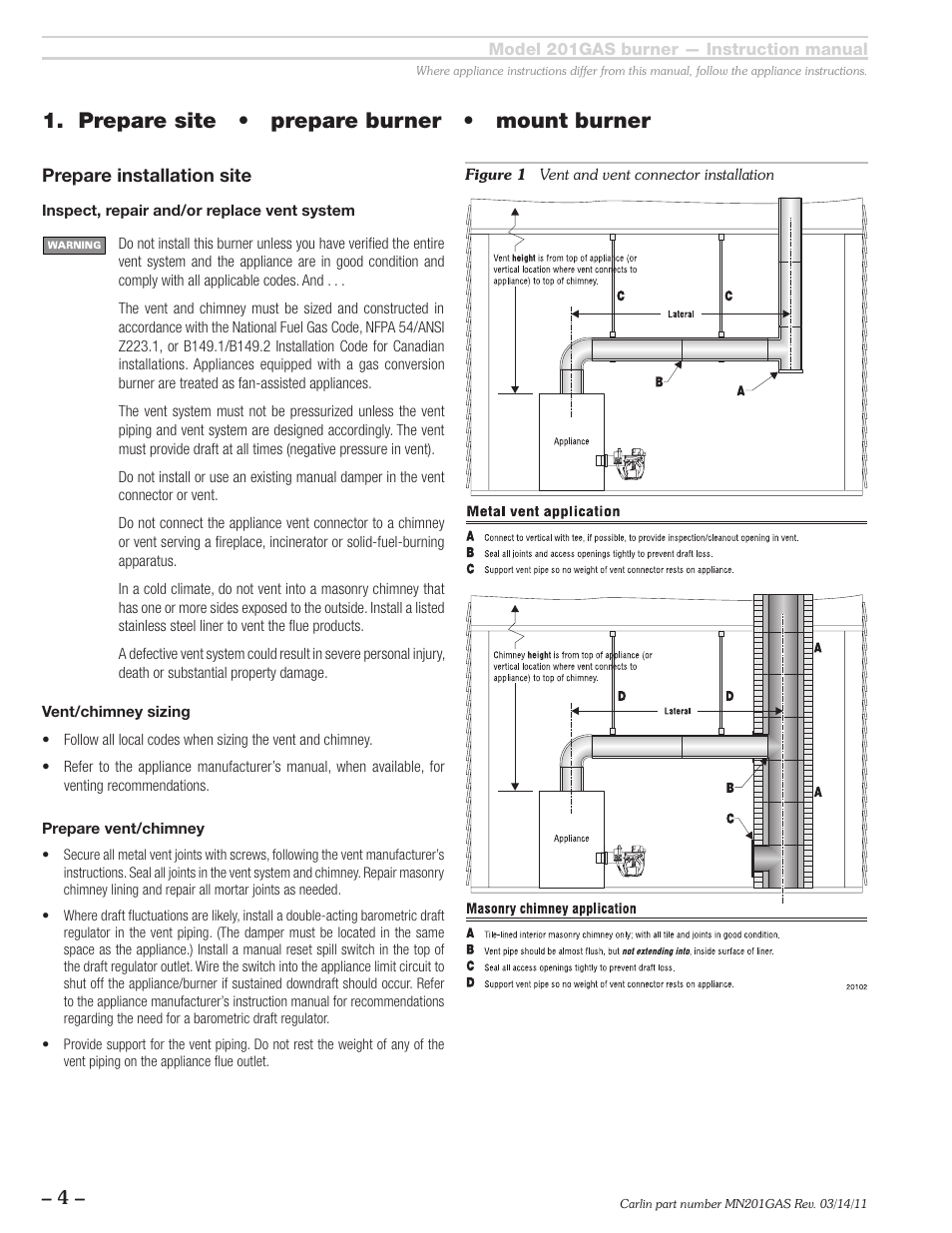 Prepare site • prepare burner • mount burner | Carlin 201GAS User Manual | Page 4 / 24