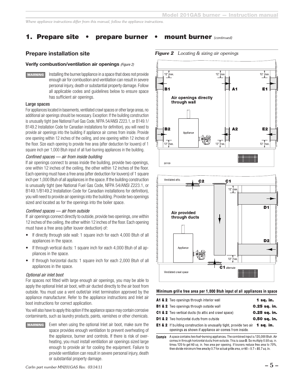 Prepare site • prepare burner • mount burner | Carlin 201GAS User Manual | Page 5 / 24