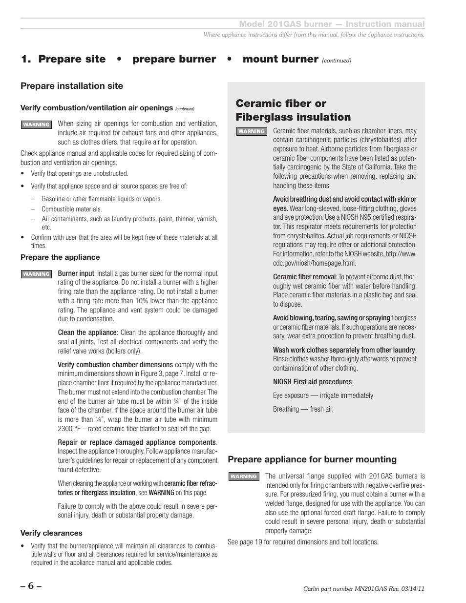 Prepare site • prepare burner • mount burner, Ceramic fiber or fiberglass insulation | Carlin 201GAS User Manual | Page 6 / 24