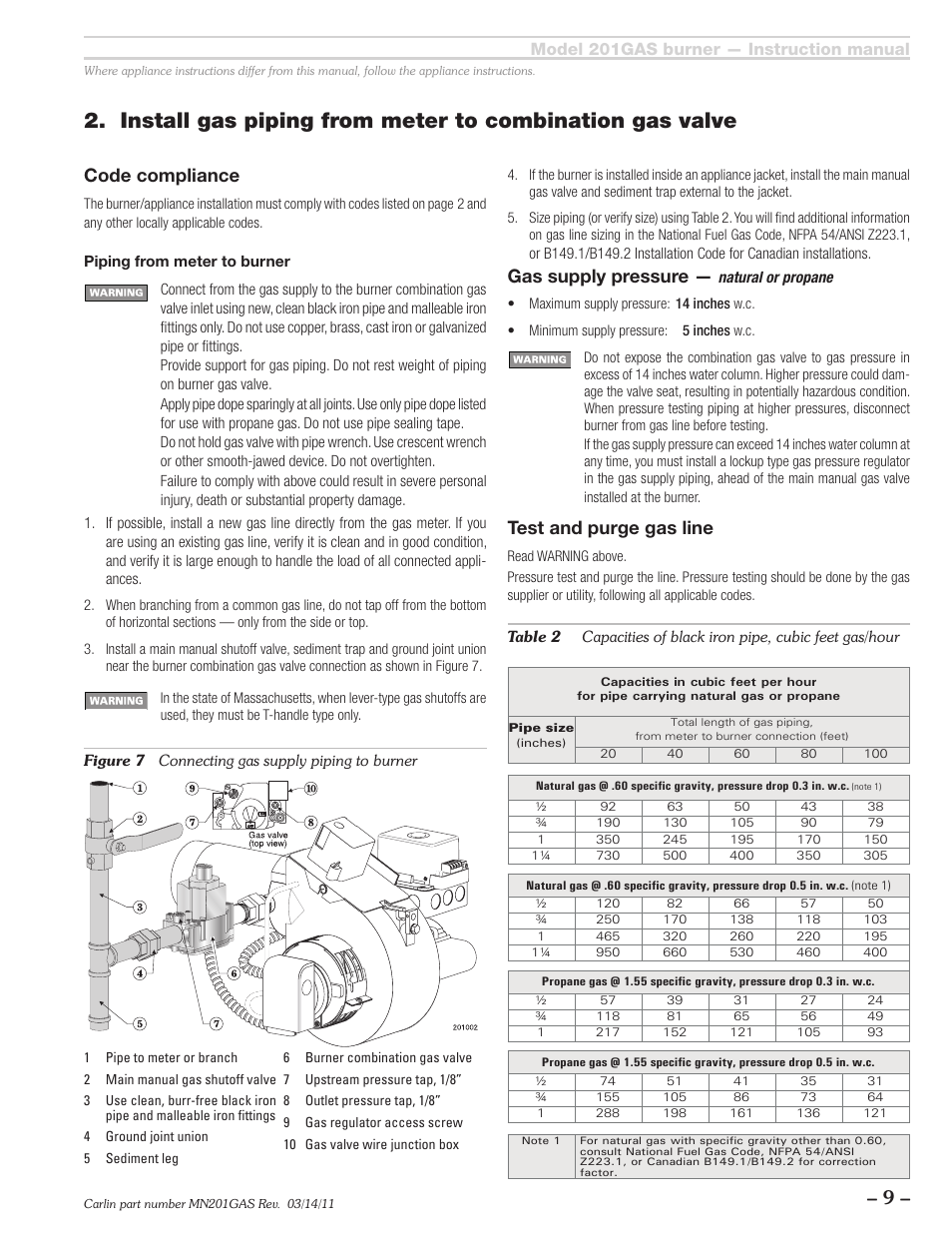 Code compliance, Gas supply pressure, Test and purge gas line | Model 201gas burner — instruction manual | Carlin 201GAS User Manual | Page 9 / 24