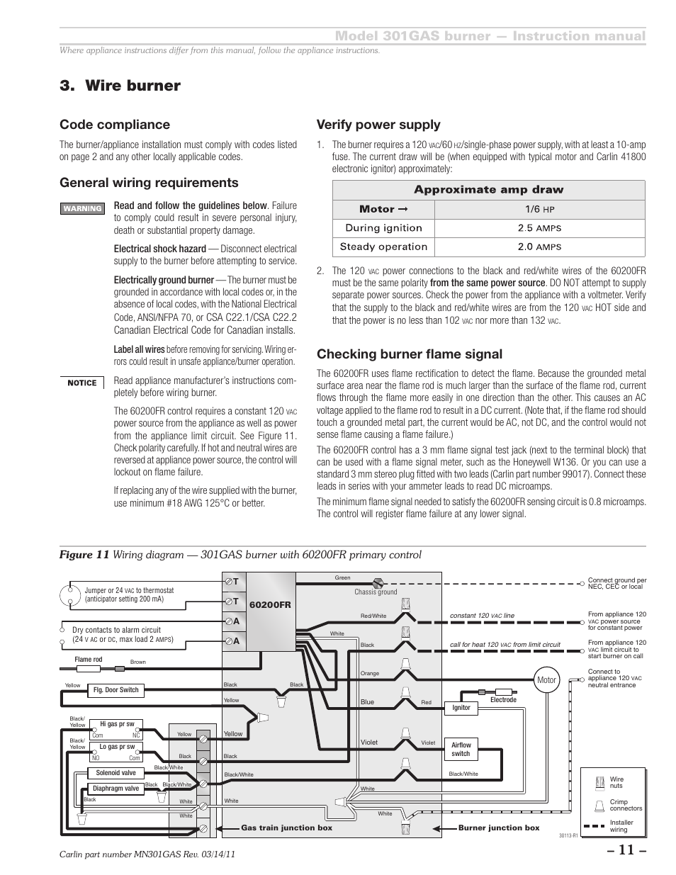 Wire burner, Model 301gas burner — instruction manual, General wiring requirements | Verify power supply, Checking burner flame signal, Code compliance | Carlin 301GAS Inst Manual User Manual | Page 11 / 24