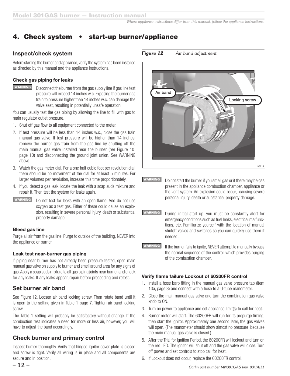 Check system • start-up burner/appliance | Carlin 301GAS Inst Manual User Manual | Page 12 / 24