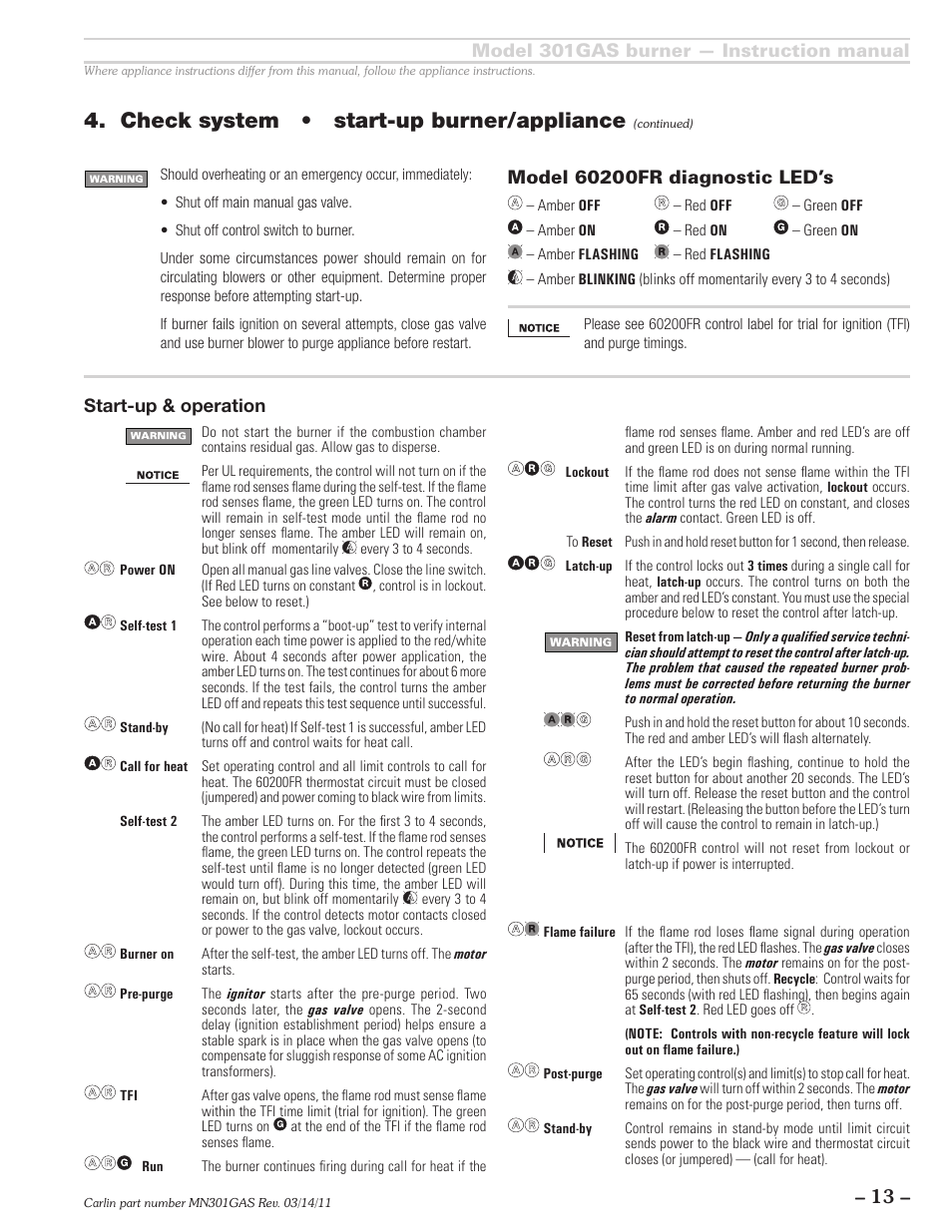 Check system • start-up burner/appliance, Model 301gas burner — instruction manual, Start-up & operation | Carlin 301GAS Inst Manual User Manual | Page 13 / 24