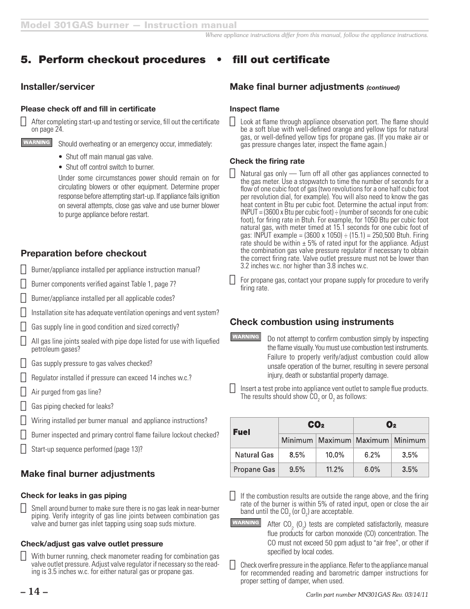 Perform checkout procedures • fill out certificate | Carlin 301GAS Inst Manual User Manual | Page 14 / 24