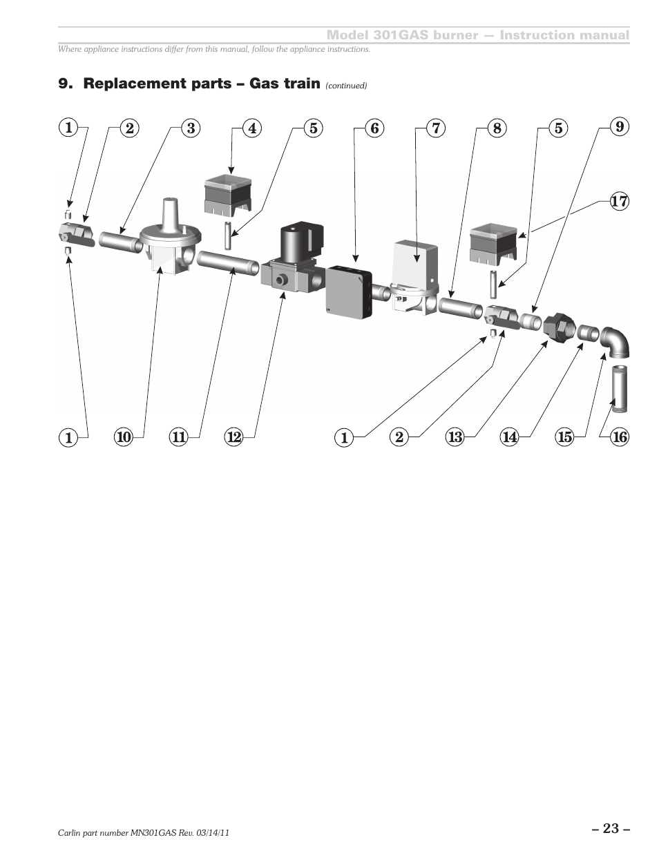 Replacement parts – gas train | Carlin 301GAS Inst Manual User Manual | Page 23 / 24