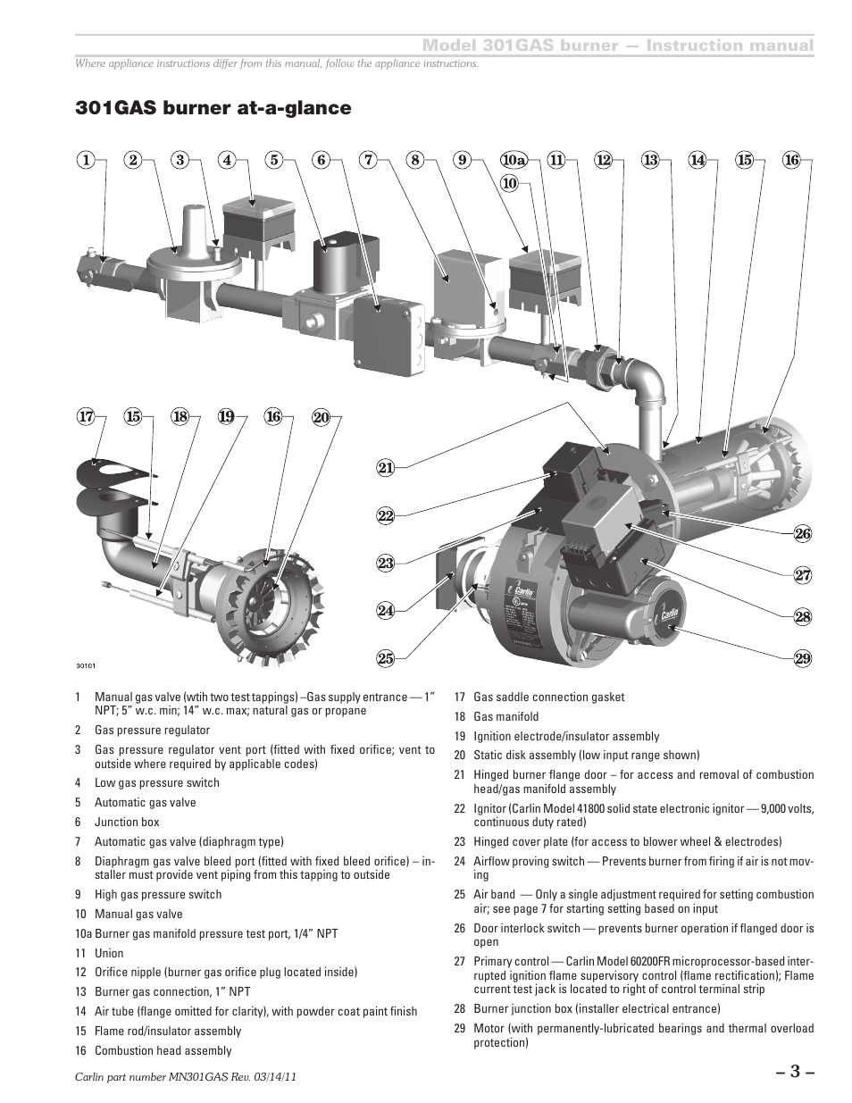 301gas burner at-a-glance, Model 301gas burner — instruction manual | Carlin 301GAS Inst Manual User Manual | Page 3 / 24