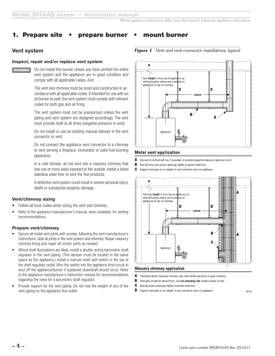 Prepare site • prepare burner • mount burner | Carlin 301GAS Inst Manual User Manual | Page 4 / 24