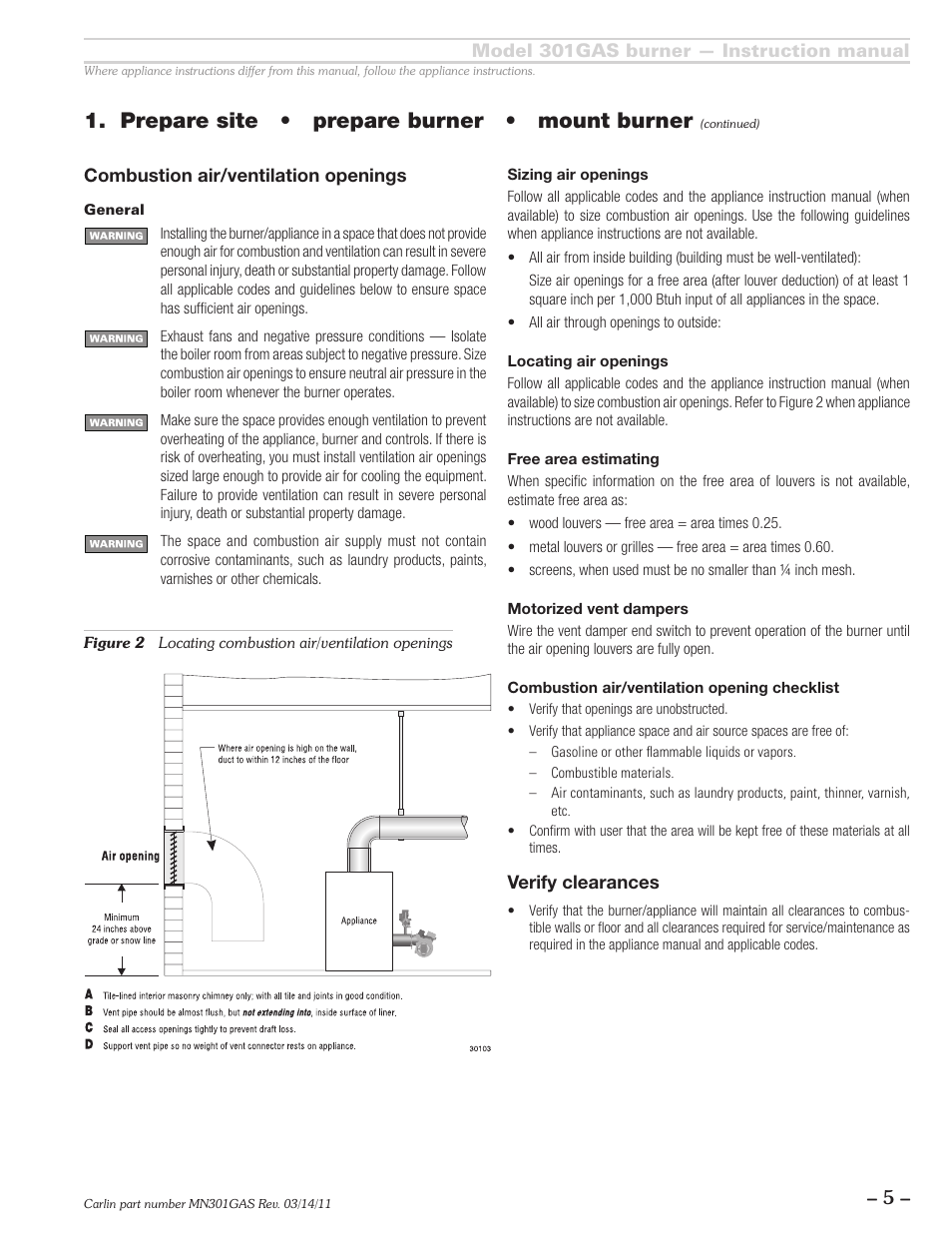 Prepare site • prepare burner • mount burner | Carlin 301GAS Inst Manual User Manual | Page 5 / 24