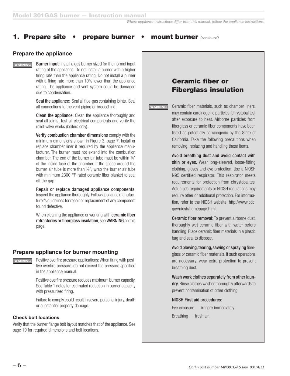 Prepare site • prepare burner • mount burner, Ceramic fiber or fiberglass insulation | Carlin 301GAS Inst Manual User Manual | Page 6 / 24