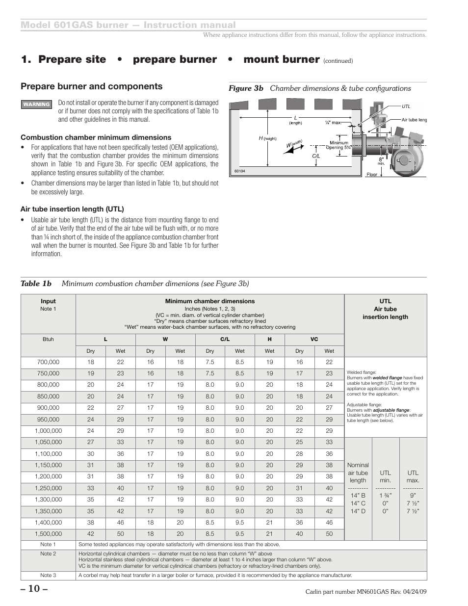 Prepare site • prepare burner • mount burner, Model 601gas burner — instruction manual, Prepare burner and components | Carlin 601GAS Inst Manual User Manual | Page 10 / 28