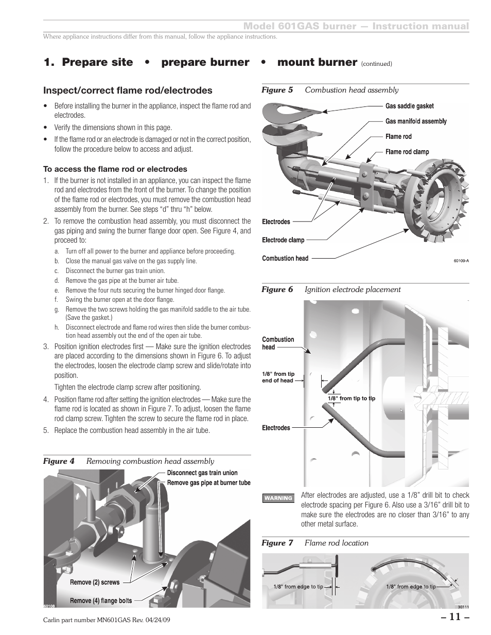 Prepare site • prepare burner • mount burner | Carlin 601GAS Inst Manual User Manual | Page 11 / 28