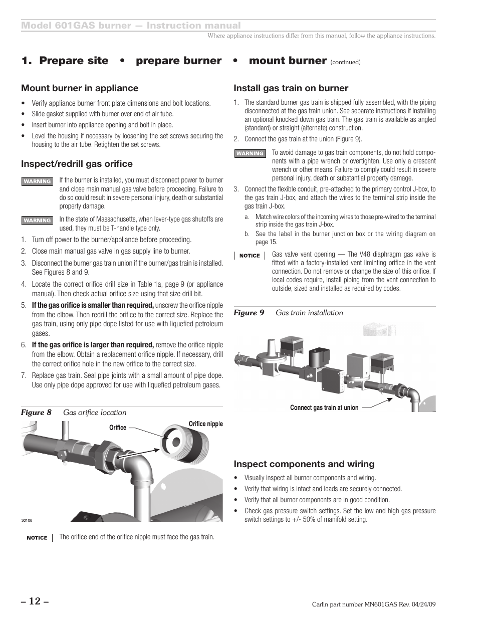 Prepare site • prepare burner • mount burner | Carlin 601GAS Inst Manual User Manual | Page 12 / 28