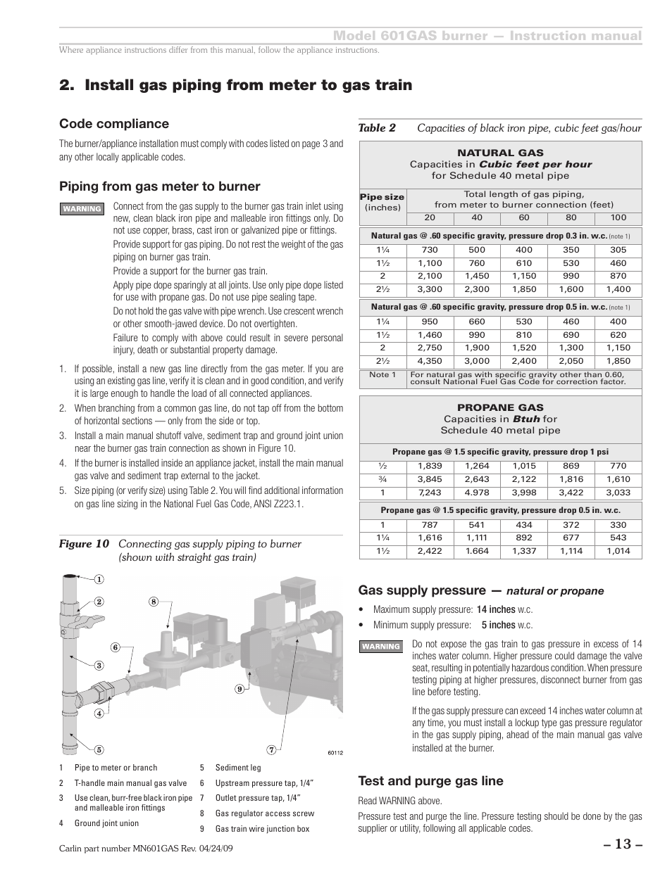 Install gas piping from meter to gas train, Model 601gas burner — instruction manual, Code compliance | Piping from gas meter to burner, Gas supply pressure, Test and purge gas line | Carlin 601GAS Inst Manual User Manual | Page 13 / 28