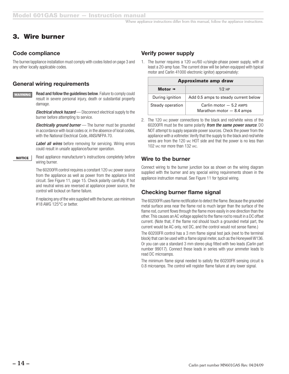 Wire burner, Model 601gas burner — instruction manual, General wiring requirements | Verify power supply, Wire to the burner, Checking burner flame signal, Code compliance | Carlin 601GAS Inst Manual User Manual | Page 14 / 28