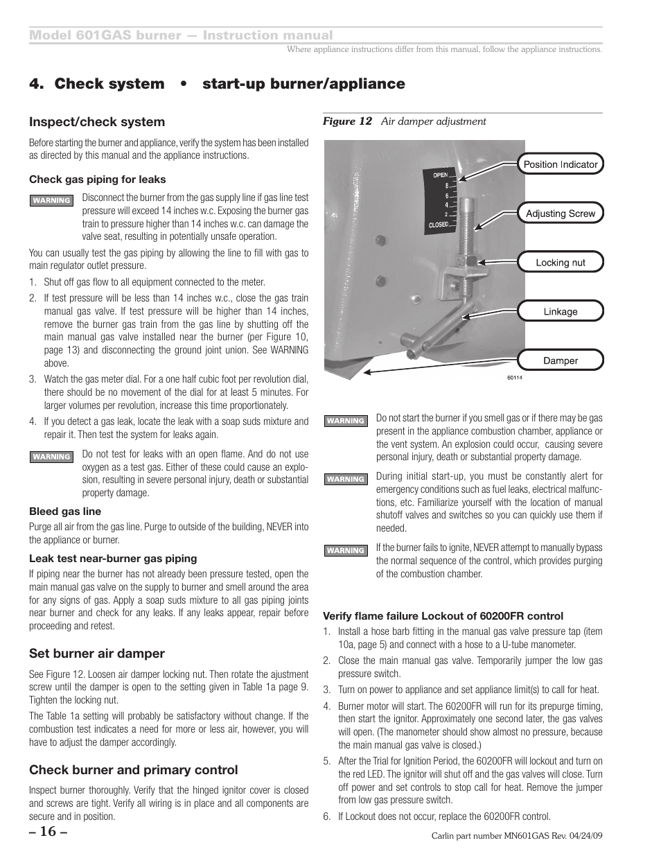 Check system • start-up burner/appliance | Carlin 601GAS Inst Manual User Manual | Page 16 / 28