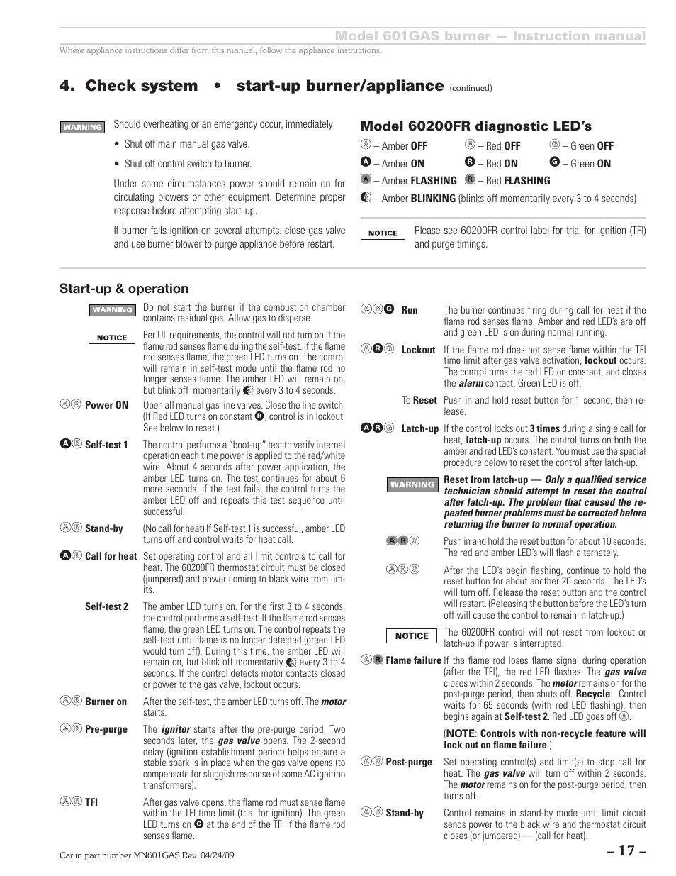 Check system • start-up burner/appliance, Model 601gas burner — instruction manual, Start-up & operation | Carlin 601GAS Inst Manual User Manual | Page 17 / 28