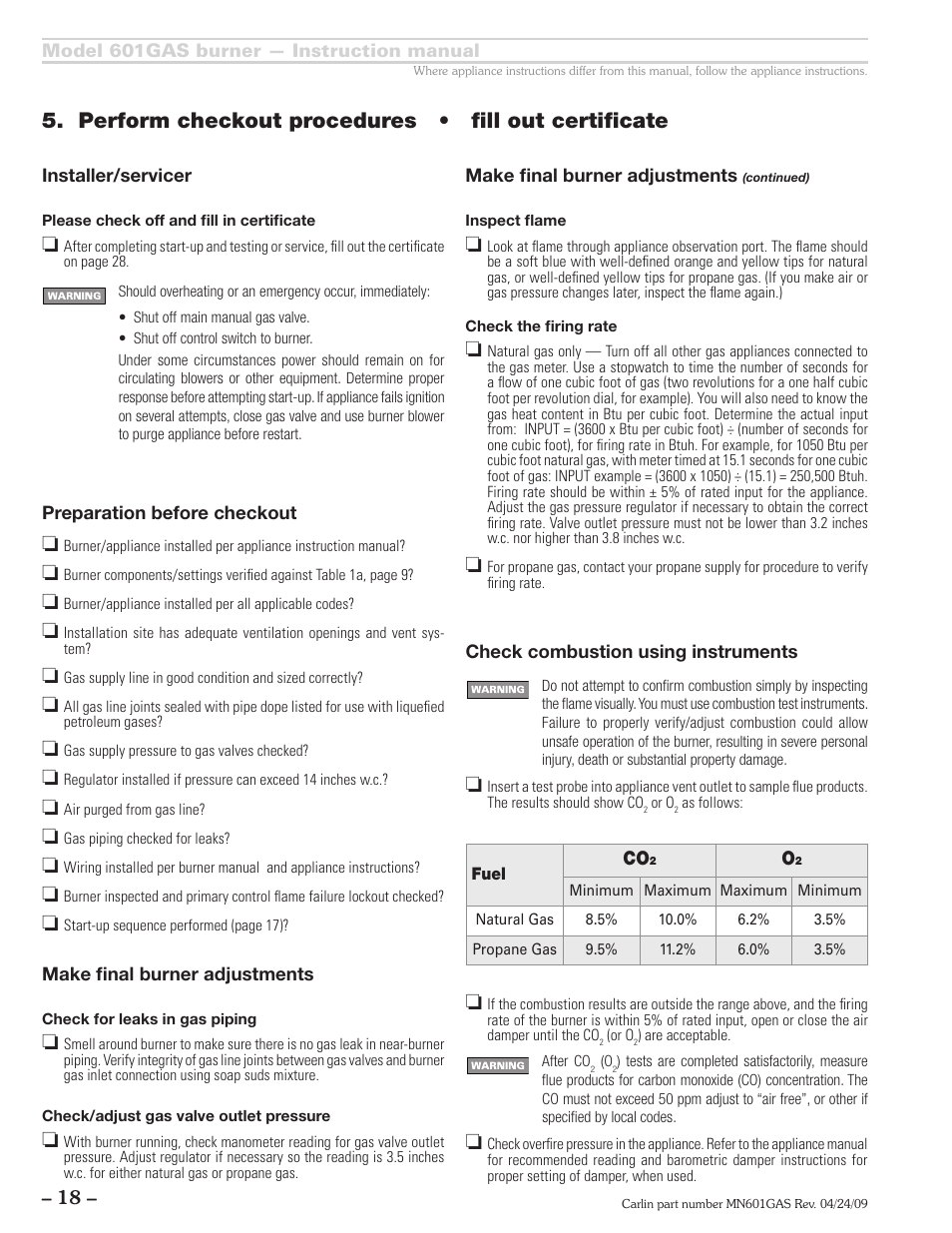 Perform checkout procedures • fill out certificate | Carlin 601GAS Inst Manual User Manual | Page 18 / 28
