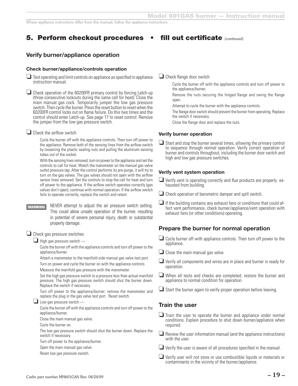 Perform checkout procedures • fill out certificate | Carlin 601GAS Inst Manual User Manual | Page 19 / 28