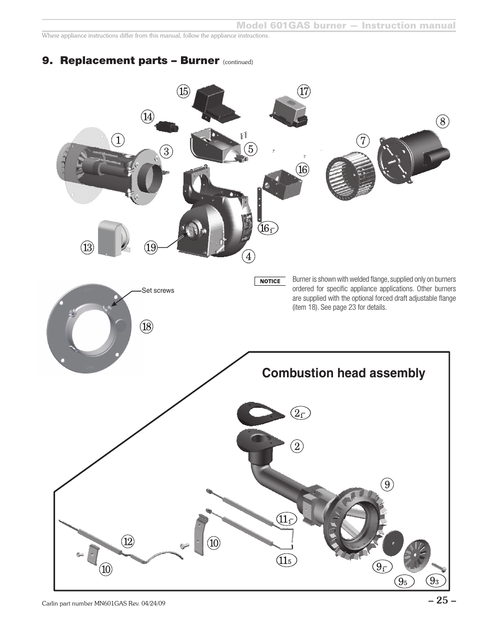 Combustion head assembly, Replacement parts – burner | Carlin 601GAS Inst Manual User Manual | Page 25 / 28