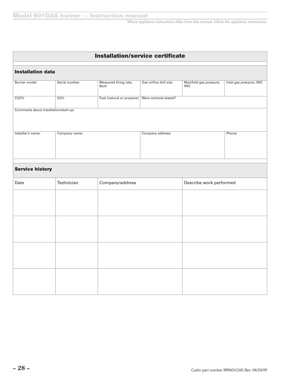 Model 601gas burner — instruction manual, Installation/service certificate | Carlin 601GAS Inst Manual User Manual | Page 28 / 28