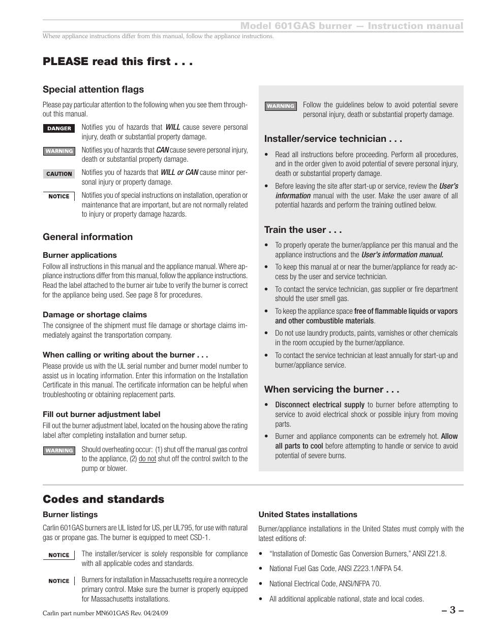 Please read this first, Codes and standards | Carlin 601GAS Inst Manual User Manual | Page 3 / 28