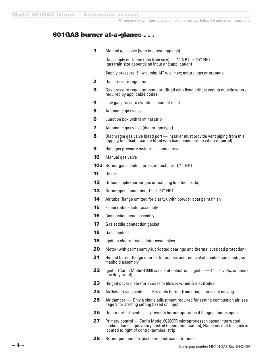 601gas burner at-a-glance | Carlin 601GAS Inst Manual User Manual | Page 4 / 28