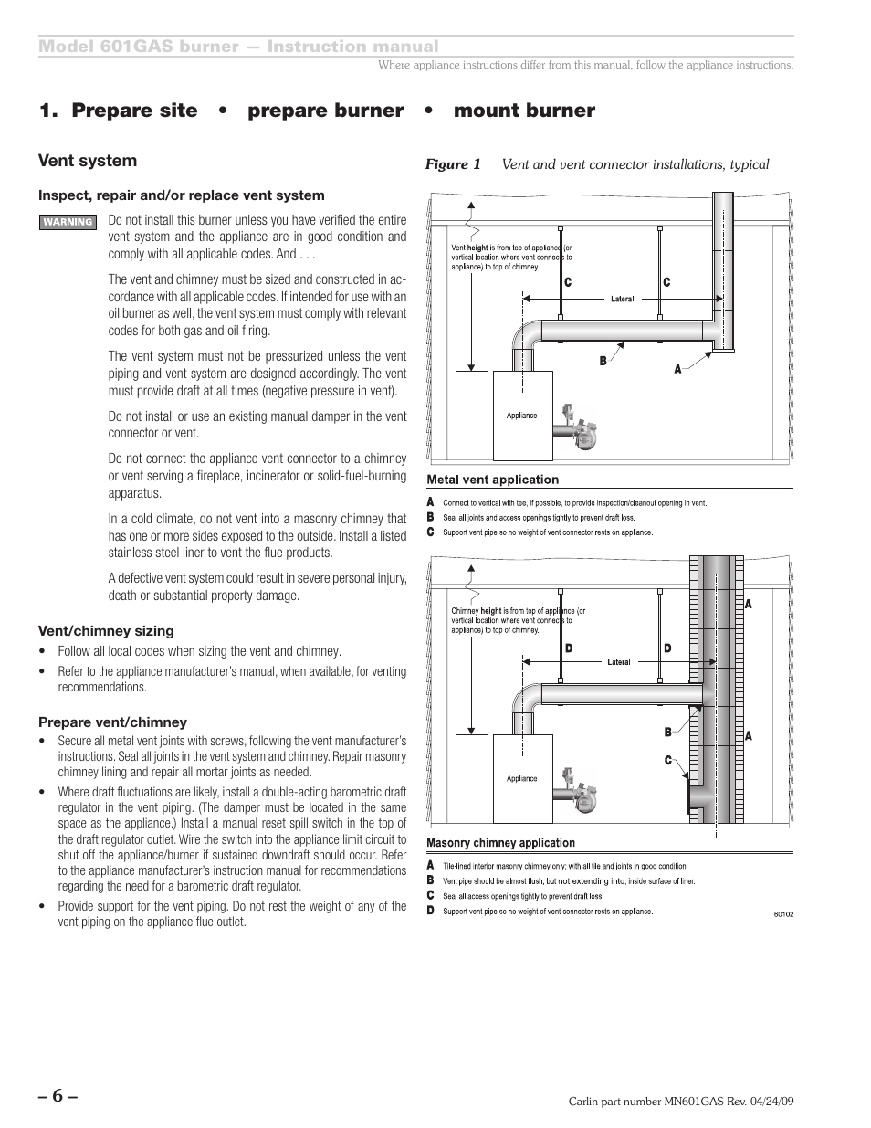 Prepare site • prepare burner • mount burner | Carlin 601GAS Inst Manual User Manual | Page 6 / 28