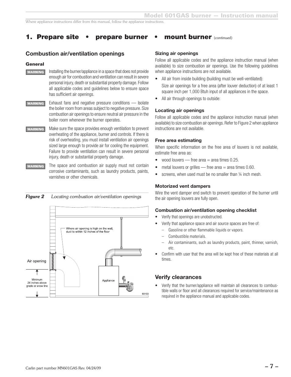 Prepare site • prepare burner • mount burner | Carlin 601GAS Inst Manual User Manual | Page 7 / 28
