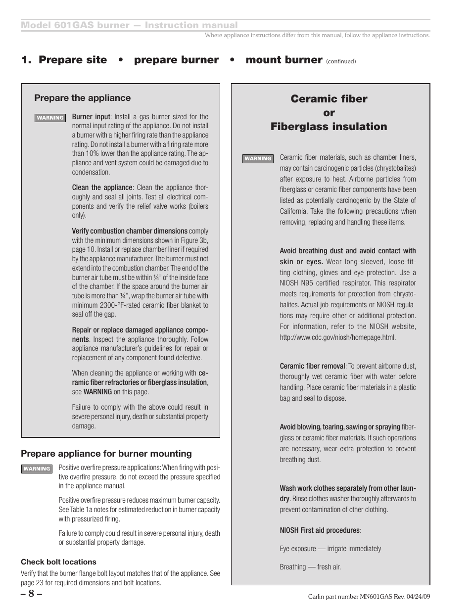 Prepare site • prepare burner • mount burner, Ceramic fiber or fiberglass insulation | Carlin 601GAS Inst Manual User Manual | Page 8 / 28