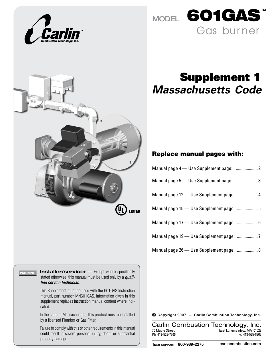 Carlin 601GAS Mass Code Supp. User Manual | 8 pages