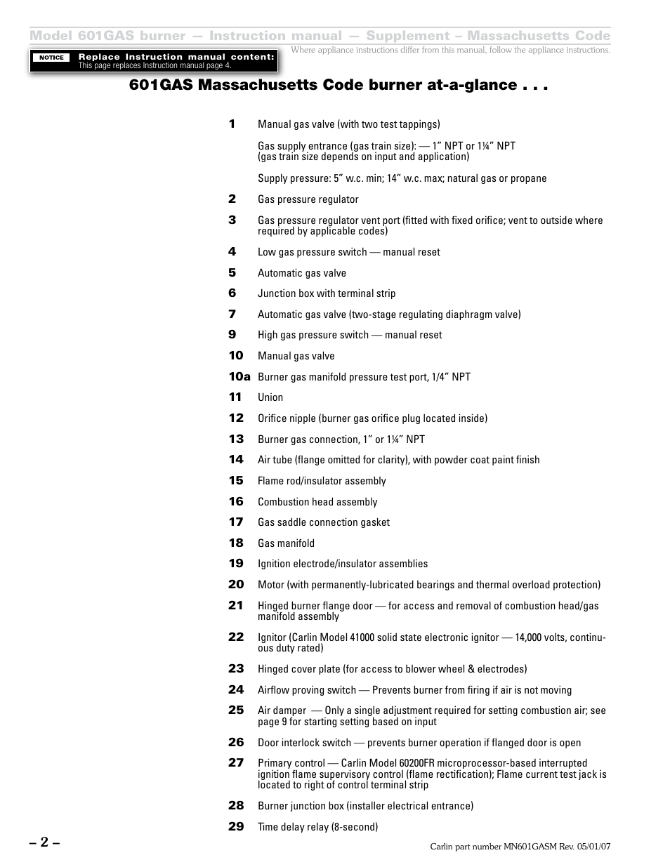 601gas massachusetts code burner at-a-glance | Carlin 601GAS Mass Code Supp. User Manual | Page 2 / 8