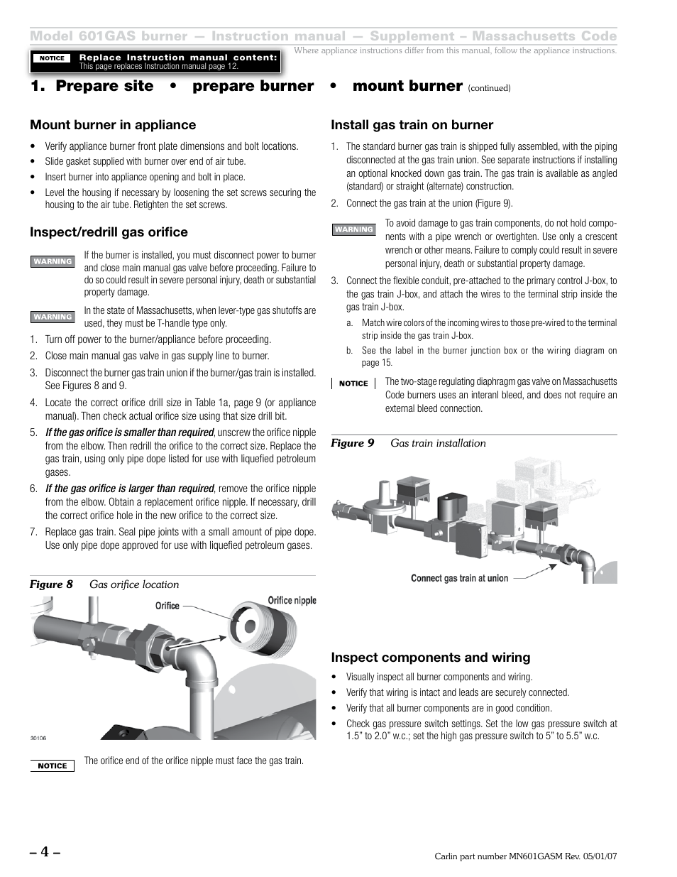 Prepare site • prepare burner • mount burner | Carlin 601GAS Mass Code Supp. User Manual | Page 4 / 8