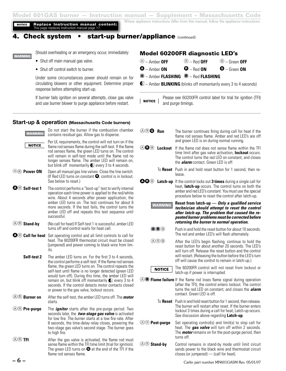 Check system • start-up burner/appliance, Start-up & operation | Carlin 601GAS Mass Code Supp. User Manual | Page 6 / 8