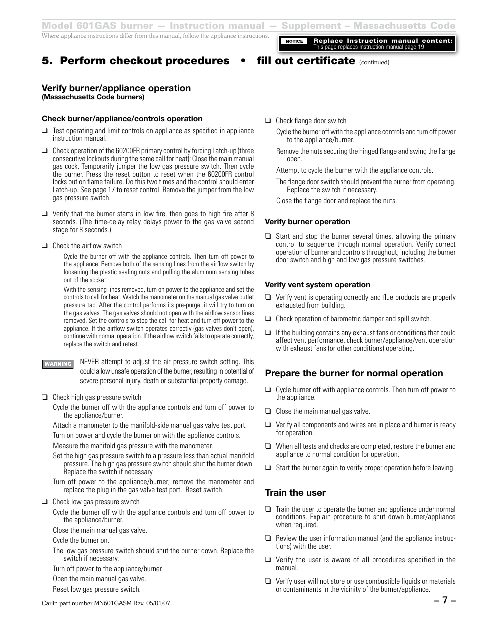 Perform checkout procedures • fill out certificate | Carlin 601GAS Mass Code Supp. User Manual | Page 7 / 8