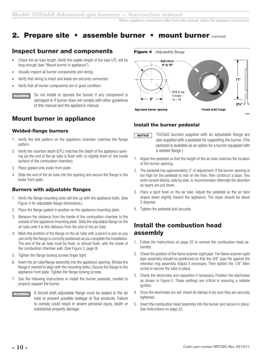 Prepare site • assemble burner • mount burner, Inspect burner and components, Mount burner in appliance | Install the combustion head assembly | Carlin 702GAS Inst Manual User Manual | Page 10 / 32