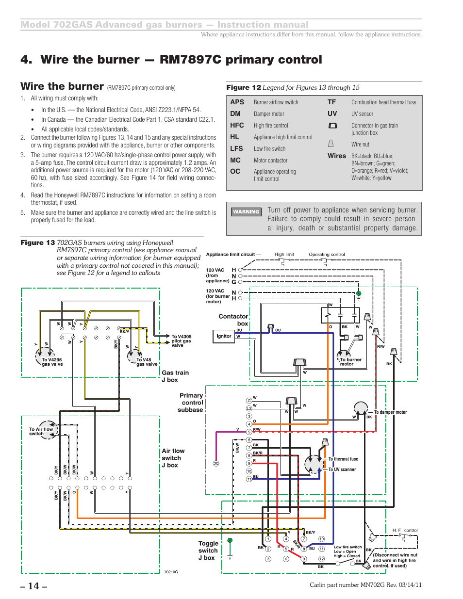 Wire the burner — rm7897c primary control, Wire the burner | Carlin 702GAS Inst Manual User Manual | Page 14 / 32