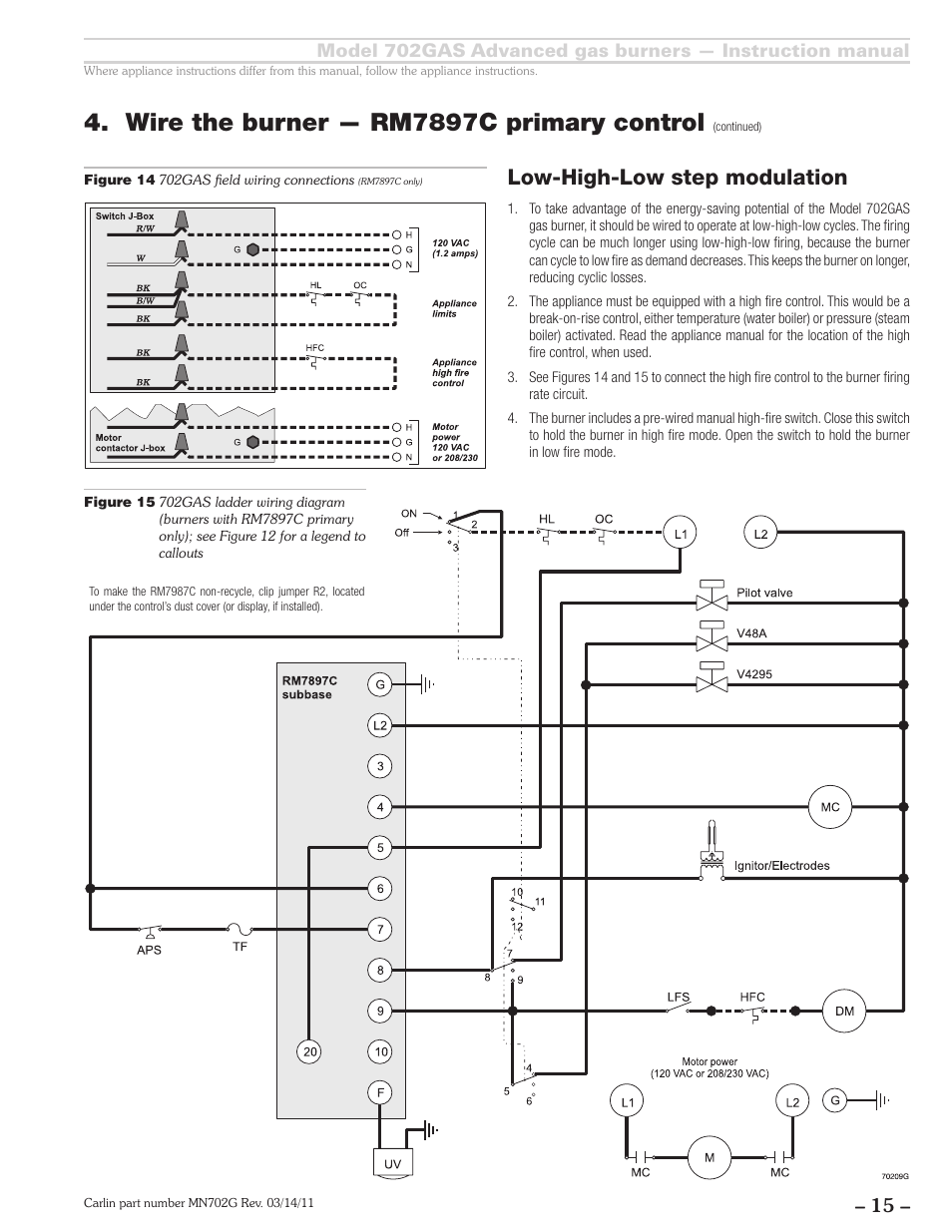 Wire the burner — rm7897c primary control, Low-high-low step modulation | Carlin 702GAS Inst Manual User Manual | Page 15 / 32