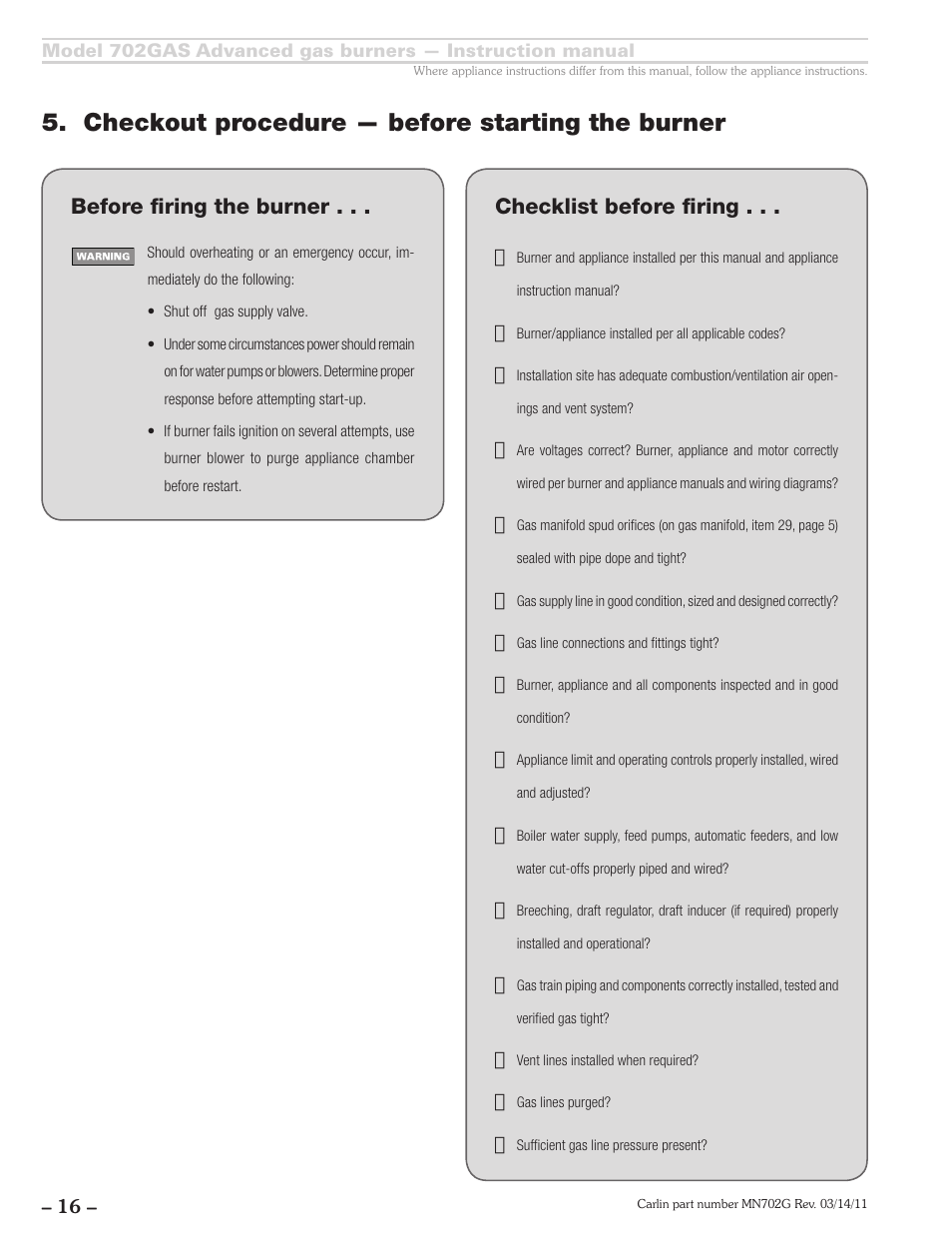 Checkout procedure — before starting the burner, Before firing the burner, Checklist before firing | Carlin 702GAS Inst Manual User Manual | Page 16 / 32