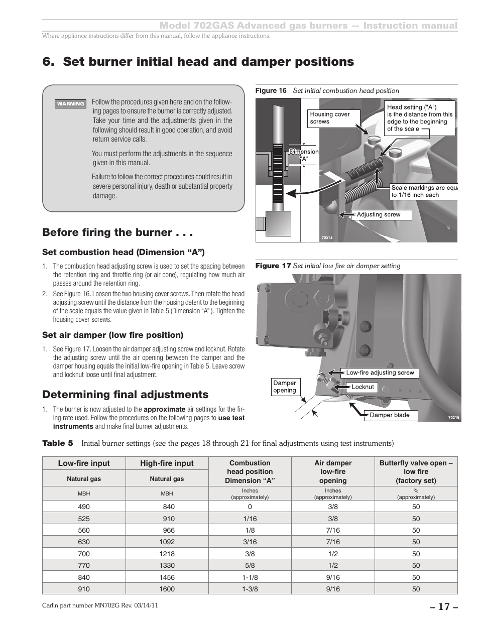 Set burner initial head and damper positions, Before firing the burner, Determining final adjustments | Carlin 702GAS Inst Manual User Manual | Page 17 / 32