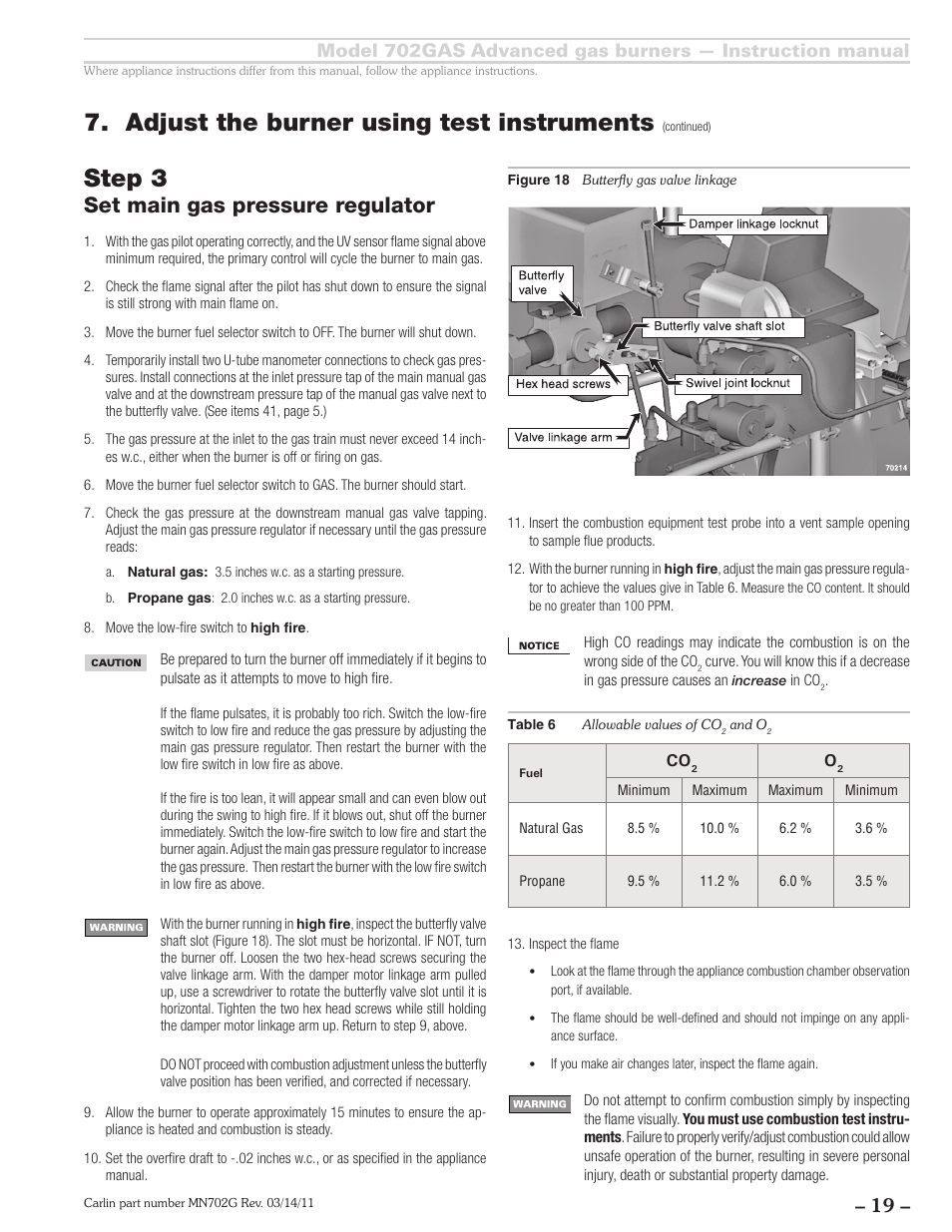 Adjust the burner using test instruments, Step 3, Set main gas pressure regulator | Carlin 702GAS Inst Manual User Manual | Page 19 / 32