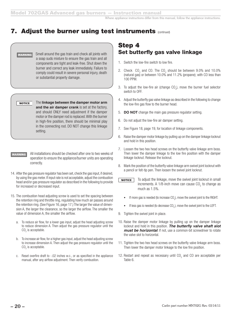 Adjust the burner using test instruments, Step 4, Set butterfly gas valve linkage | Carlin 702GAS Inst Manual User Manual | Page 20 / 32