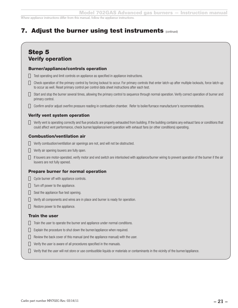 Step 5, Adjust the burner using test instruments, Verify operation | Carlin 702GAS Inst Manual User Manual | Page 21 / 32