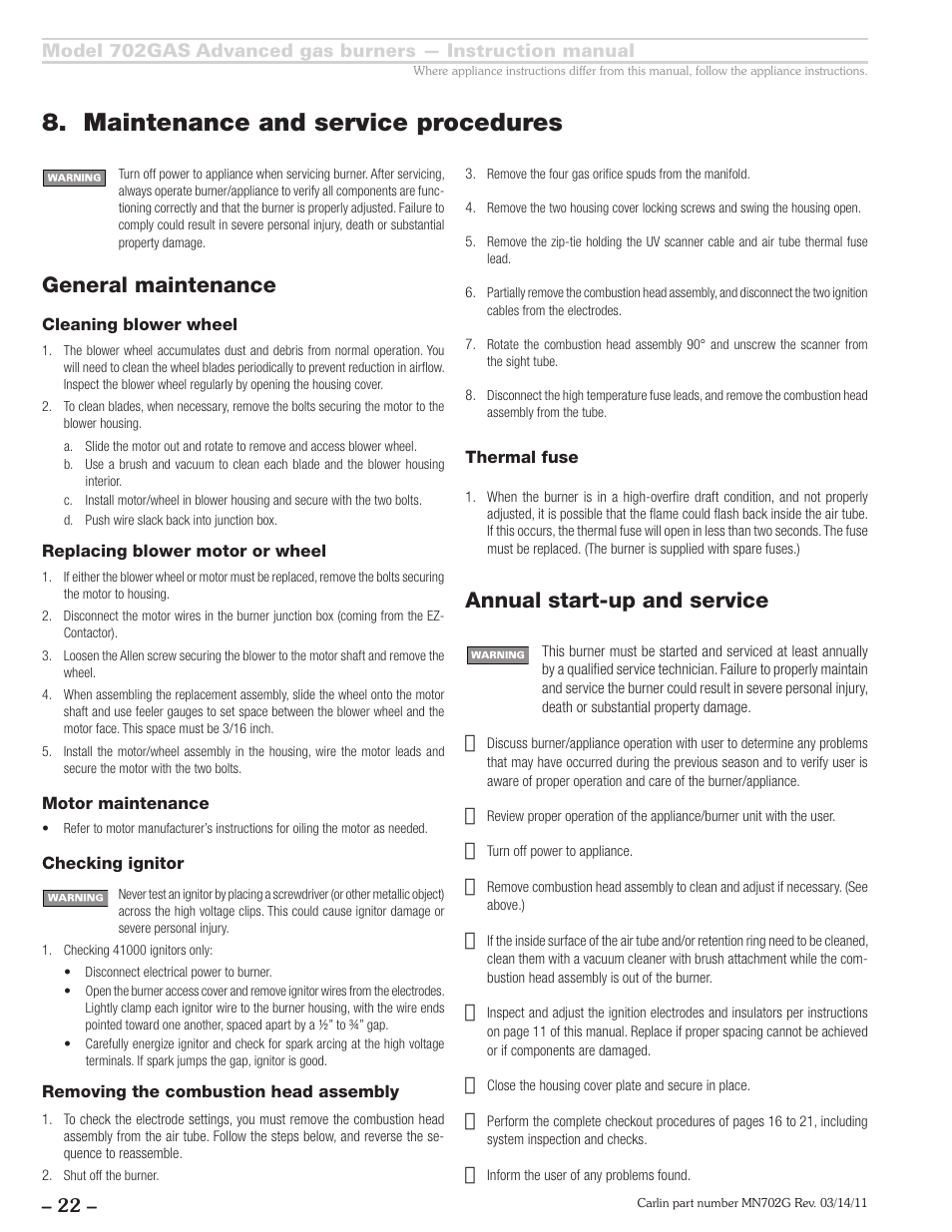 Maintenance and service procedures, Annual start-up and service, General maintenance | Carlin 702GAS Inst Manual User Manual | Page 22 / 32