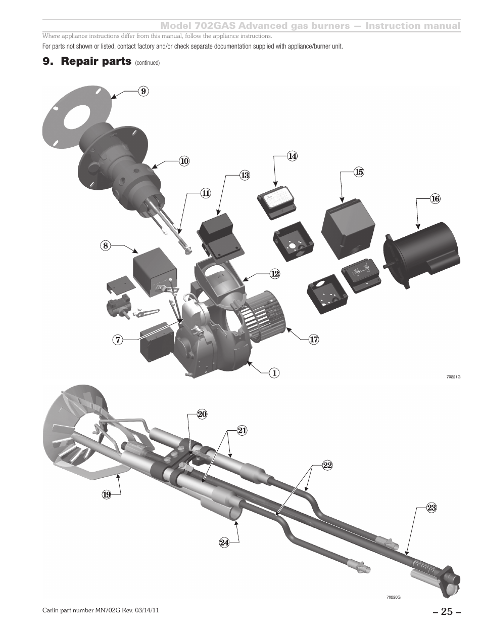 Repair parts | Carlin 702GAS Inst Manual User Manual | Page 25 / 32