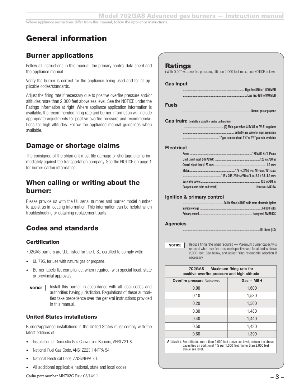 General information, Burner applications, Damage or shortage claims | When calling or writing about the burner, Codes and standards, Ratings, Certification, United states installations | Carlin 702GAS Inst Manual User Manual | Page 3 / 32