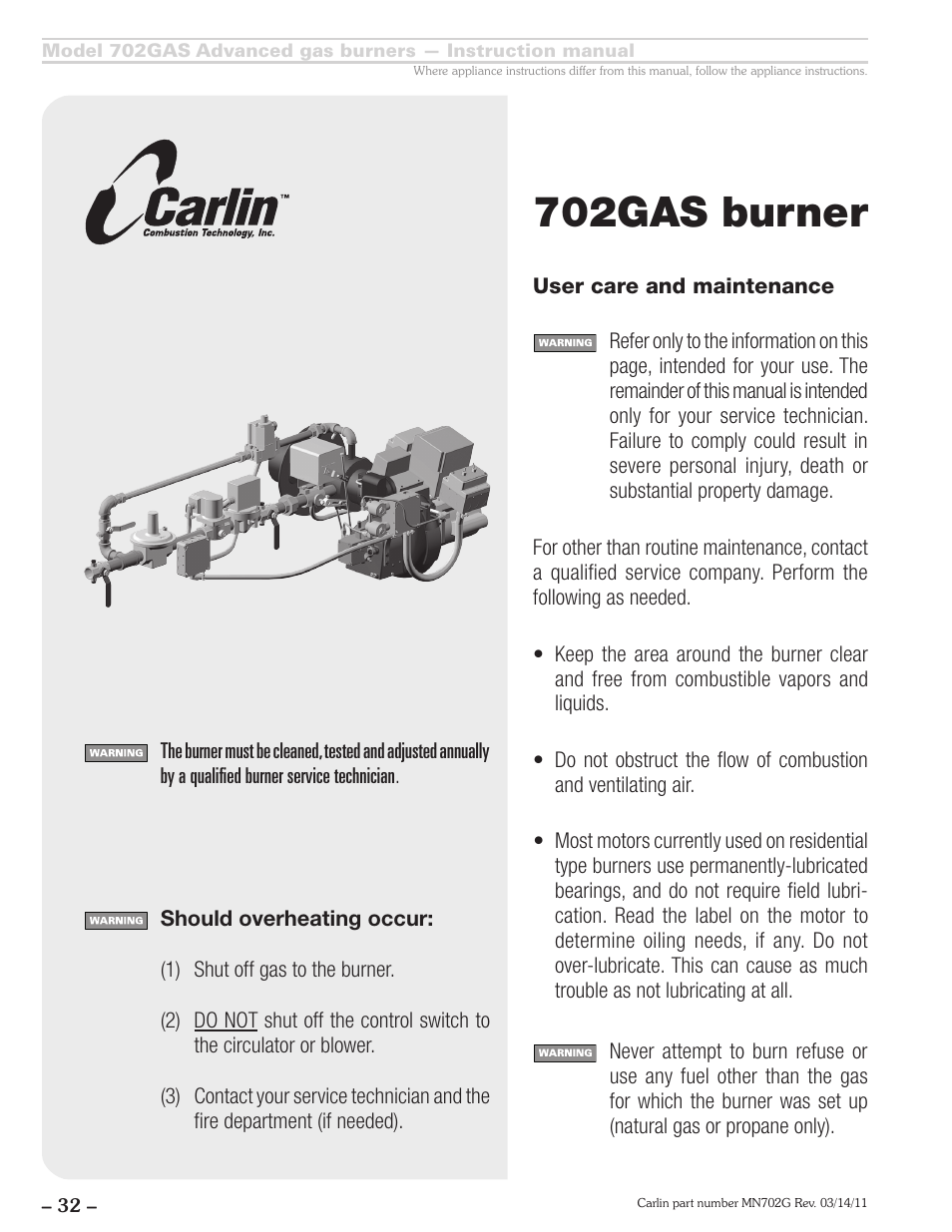 702gas burner | Carlin 702GAS Inst Manual User Manual | Page 32 / 32