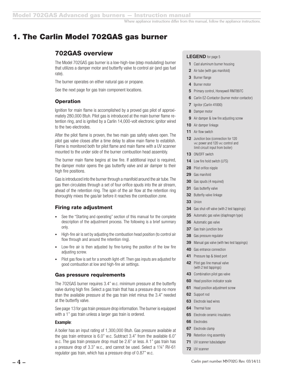 The carlin model 702gas gas burner, 702gas overview, Operation | Firing rate adjustment, Gas pressure requirements | Carlin 702GAS Inst Manual User Manual | Page 4 / 32