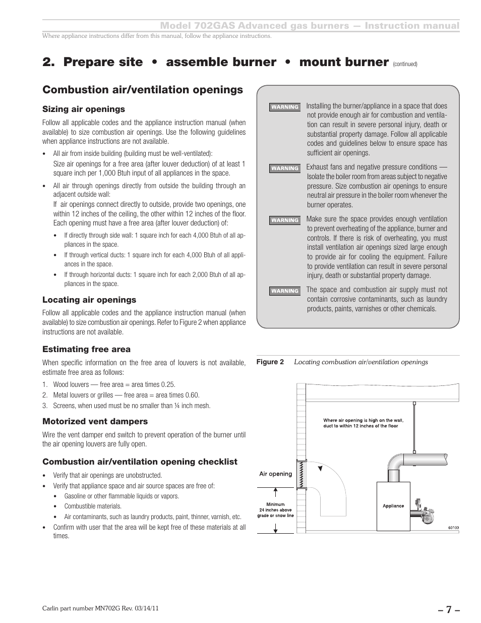 Prepare site • assemble burner • mount burner, Combustion air/ventilation openings | Carlin 702GAS Inst Manual User Manual | Page 7 / 32