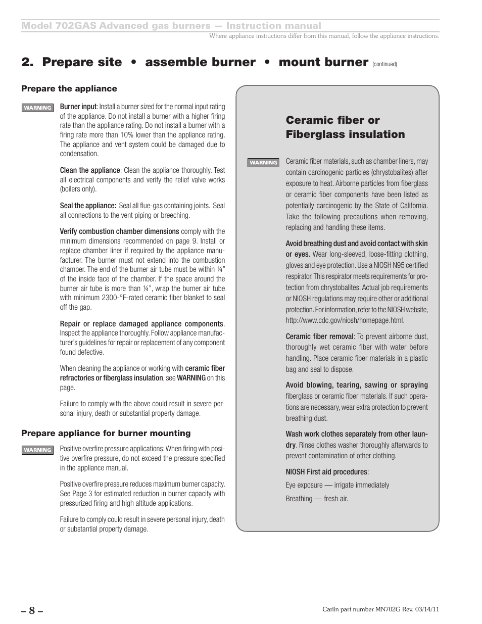 Prepare site • assemble burner • mount burner, Ceramic fiber or fiberglass insulation | Carlin 702GAS Inst Manual User Manual | Page 8 / 32